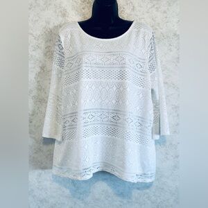 Dana Buchman Woman's Size XL White Lace Lined Pull Over Blouse 3/4 Bell Sleeve